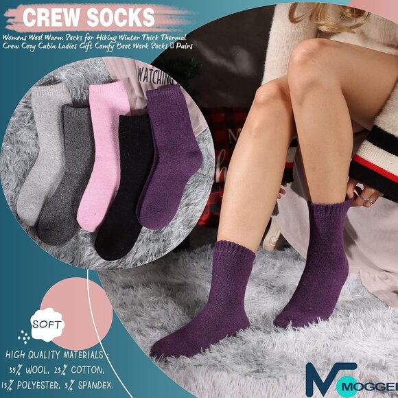 Women Merino Wool Solid Color A Sock 5 Pairs Warm Thick Crew Winter Boot Socks - Picture 4 of 6